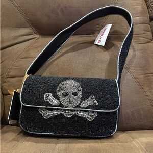 Moulinette Soeurs Black Beaded Skull & Crossbones Shoulder Bag